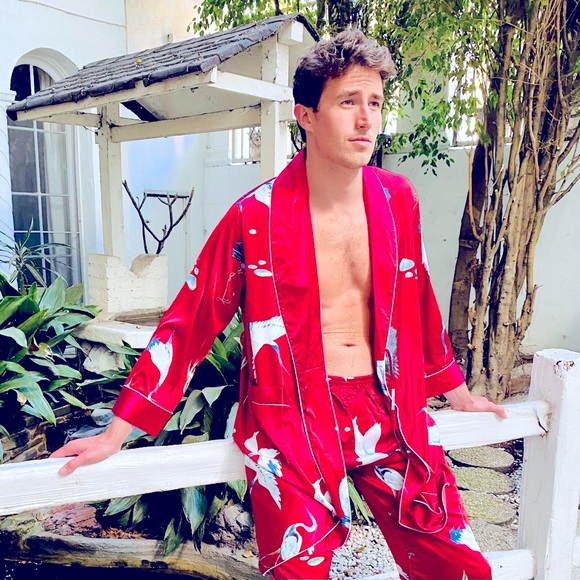 Satin Red Bird Print Robe and Pant Set - Picture 7 of 8